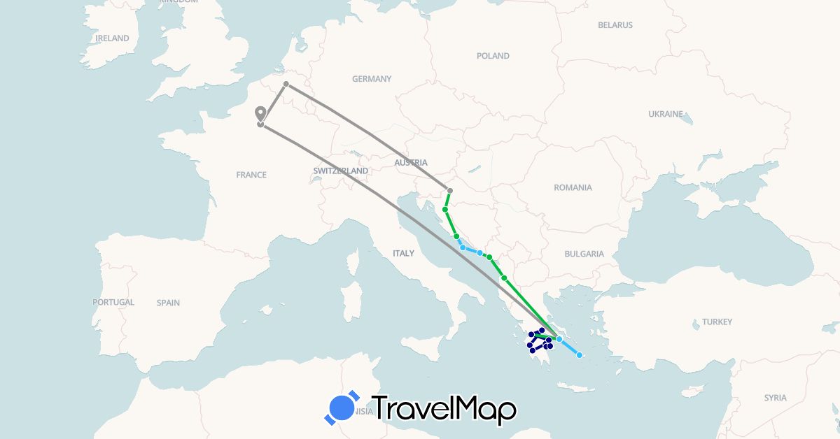 TravelMap itinerary: driving, bus, plane, boat in Albania, Belgium, France, Greece, Croatia, Montenegro (Europe)